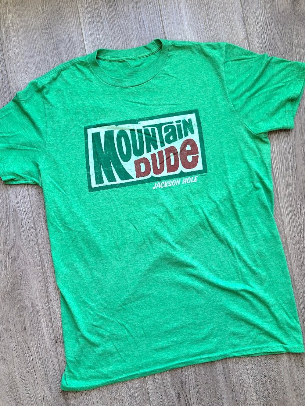 Mountain Dude mountain dew green parody t-shirt, no tag but fits like size L